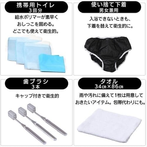 避難所での生活を支える衛生用品や日用品が細かく揃っています