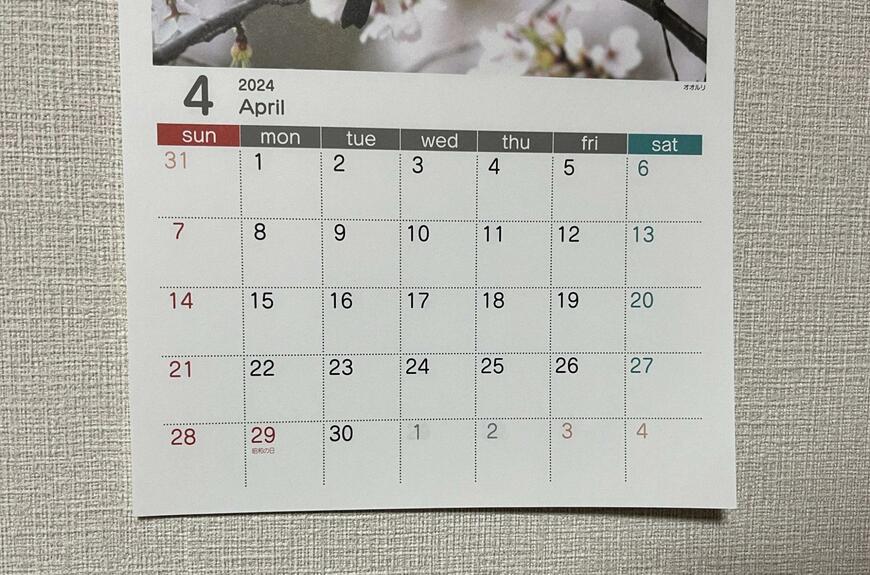 余白が多いデザインで、予定などの書き込みもできそう／筆者撮影（キャンドゥ、A4壁掛けカレンダー 鳥 4月始まり）