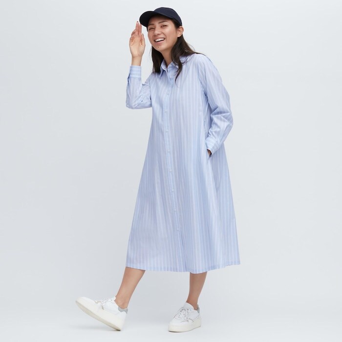 出所：ユニクロ公式 ストライプコットンAラインシャツワンピース（長袖・標準丈・110～121cm）