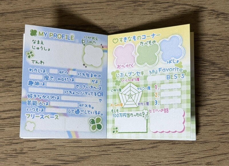 セリア、豆本キーホルダー プロフィール帳 クリスタルクローバー柄、筆者撮影写真