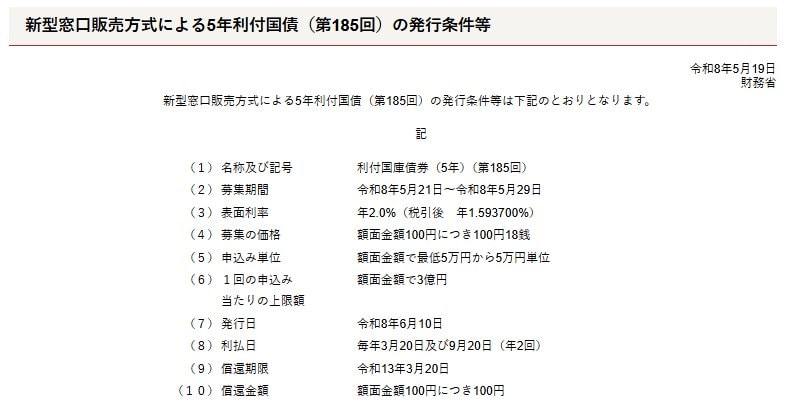 出所：財務省「新型窓口販売方式による5年利付国債（第185回）の発行条件等」