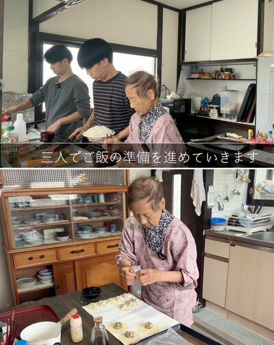 キッチンで調理を分担する様子と餃子を包む手元