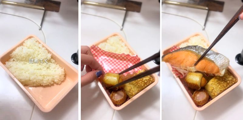 おかずをお弁当箱に詰めます