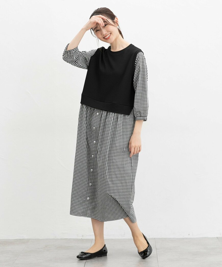 出所：ハニーズ公式　８分袖レイヤード風ワンピ