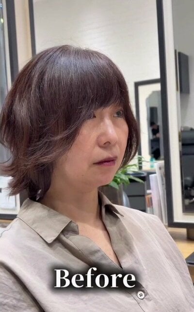 あごから肩にかかる長さで、前髪のあるボブの来店時の様子