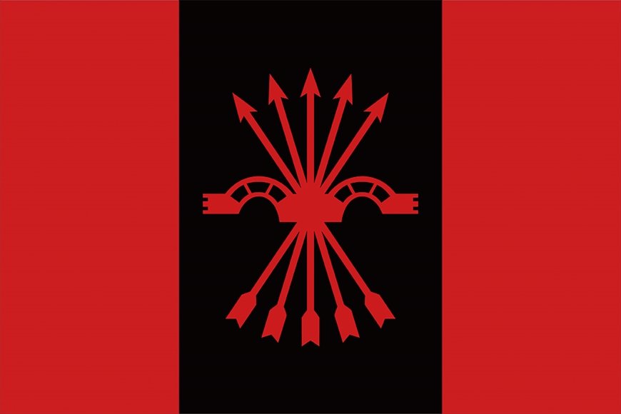 「くびき」と「5本の赤い矢の束」が描かれたファランへ党の旗
