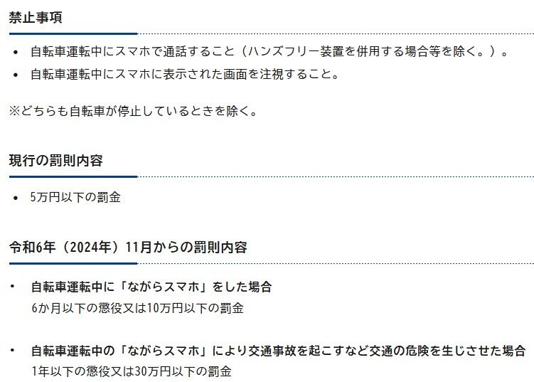出所：政府広報オンライン「2024年11月自転車の「ながらスマホ」が罰則強化！「酒気帯び運転」は新たに罰則対象に！」