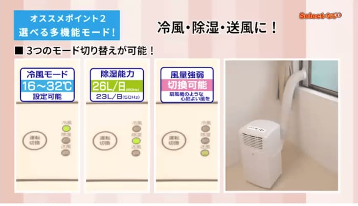 冷風・除湿・送風の3種類の運転モードが搭載されています