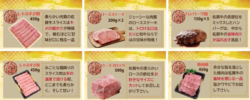 出所：<u><a href="https://www.furusato-tax.jp/product/detail/41208/187091" target="_blank">ふるさとチョイス 【定期便】 佐賀牛食べ尽くし12回（毎月）</a></u>