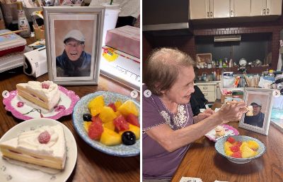 亡きおじいちゃんの写真とともに用意されたケーキと果物