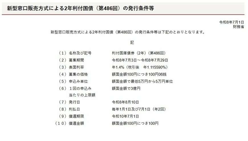 【7月募集分新窓販国債2年の発行条件】