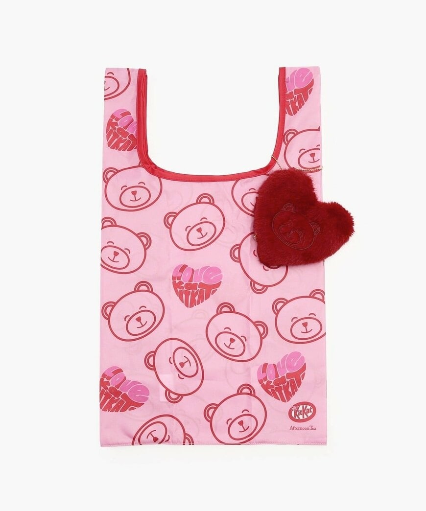 アフタヌーンティー公式　ポーチ付きショッピングバッグ/KITKAT ハートフルベアー（レッド）
