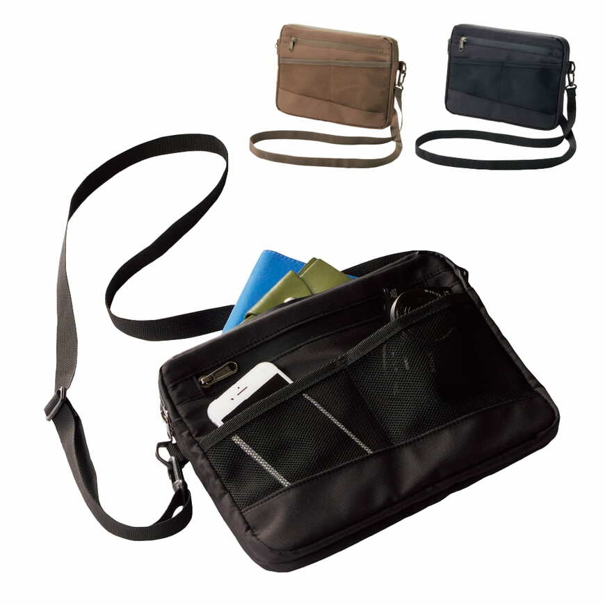 大きく開くメインポーチとチャック付きのポケットに分かれたサコッシュ