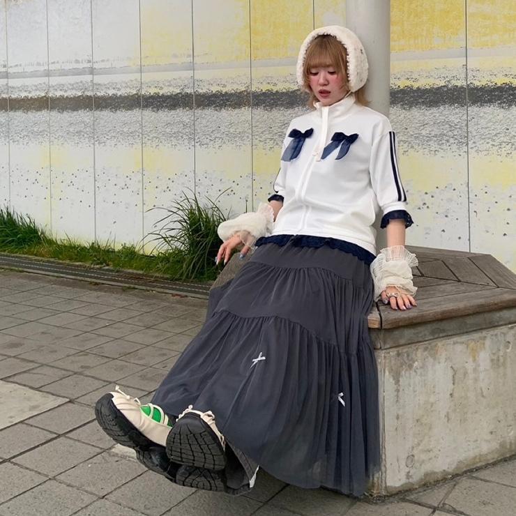 出所:しまむら公式オンラインストア レディース 裾リボンチュールティアードスカート(よしみ&ぽんず。)