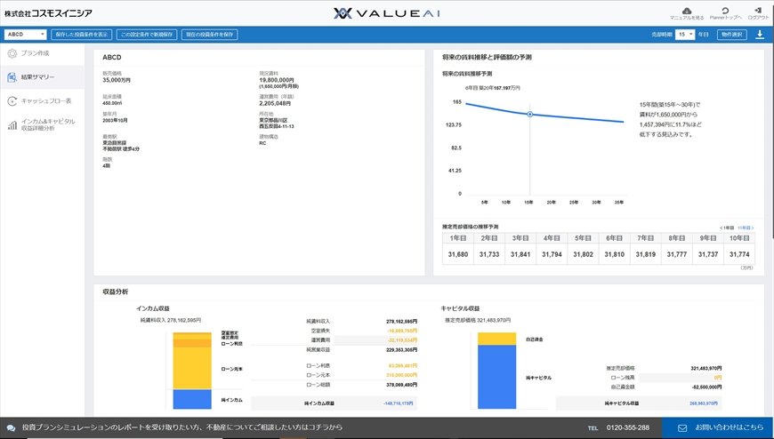 結果サマリーの画面　画像のサンプルはすべてシミュレーション物件のもの（以下同）