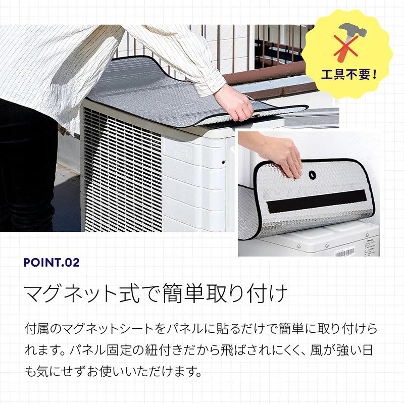 付属のマグネットシートをパネル裏面に貼り、室外機の天板へ載せるだけ