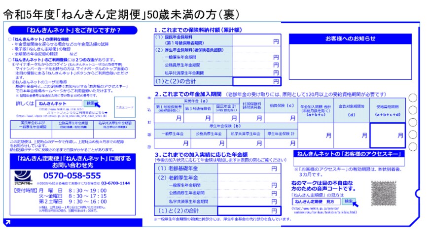 出所：日本年金機構「「ねんきん定期便」の様式（サンプル）と見方ガイド（令和5年度送付分）」
