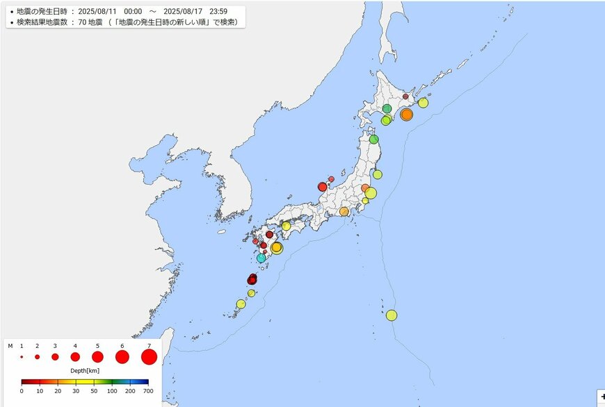 2025年8月11日～8月17日の期間で起きた国内の地震発生状況
