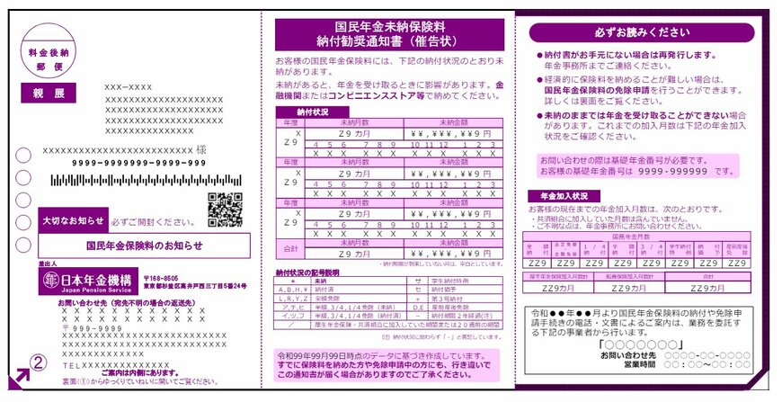 国民年金未納保険料納付勧奨通知書（催告状）