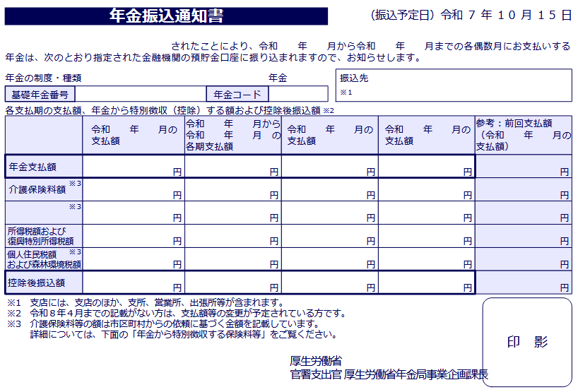 出所:日本年金機構「令和7年10月の年金支払いにかかる年金振込通知書を送付しています」