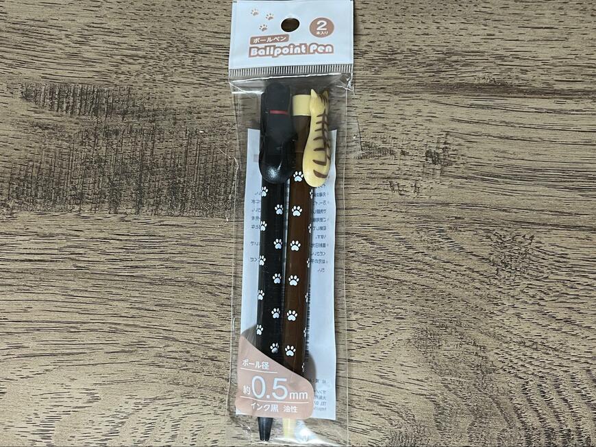 セリア、ボールペンクリップ付 ねこ 0.5mm 2本入り 商品画像