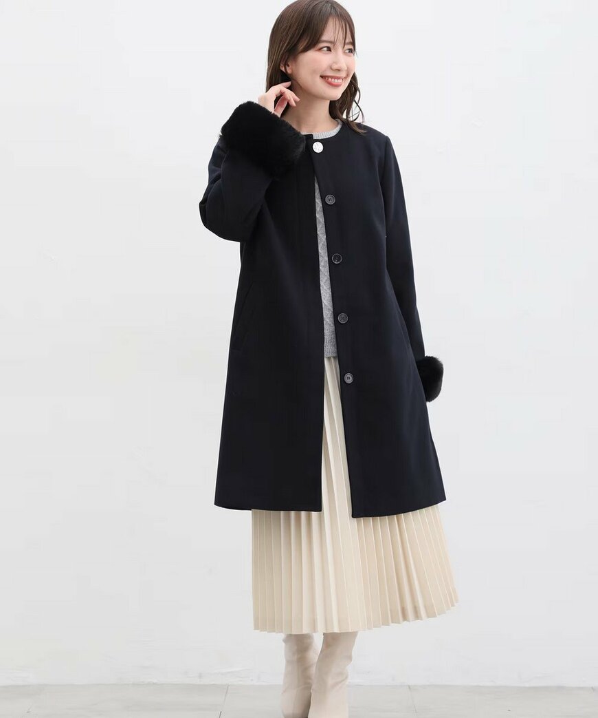 ファー付ノーカラーコート