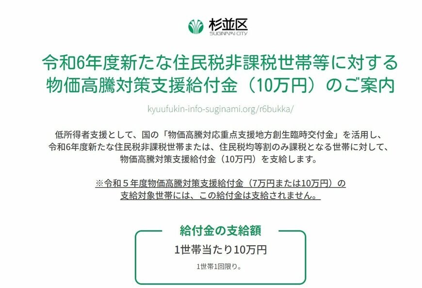 出所：東京都杉並区「令和6年度新たな住民税非課税世帯等に対する物価高騰対策支援給付金（10万円）特設ページ」