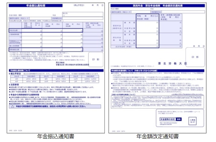 年金振込通知書と年金額改定通知書のイメージ