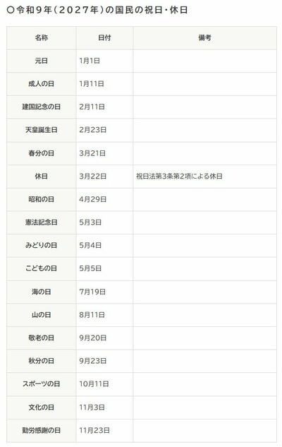 令和9年（2027年）の国民の祝日・休日