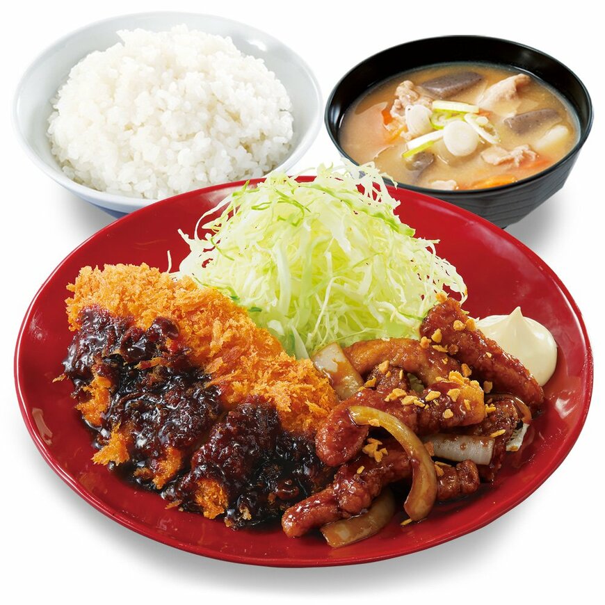 出所：アークランドサービスホールディングス株式会社「【新年度こそ"がっつり"】ニンニク醤油がたまらない「トンテキとチキンカツの合い盛り」とんかつ専門店かつやに新登場！」