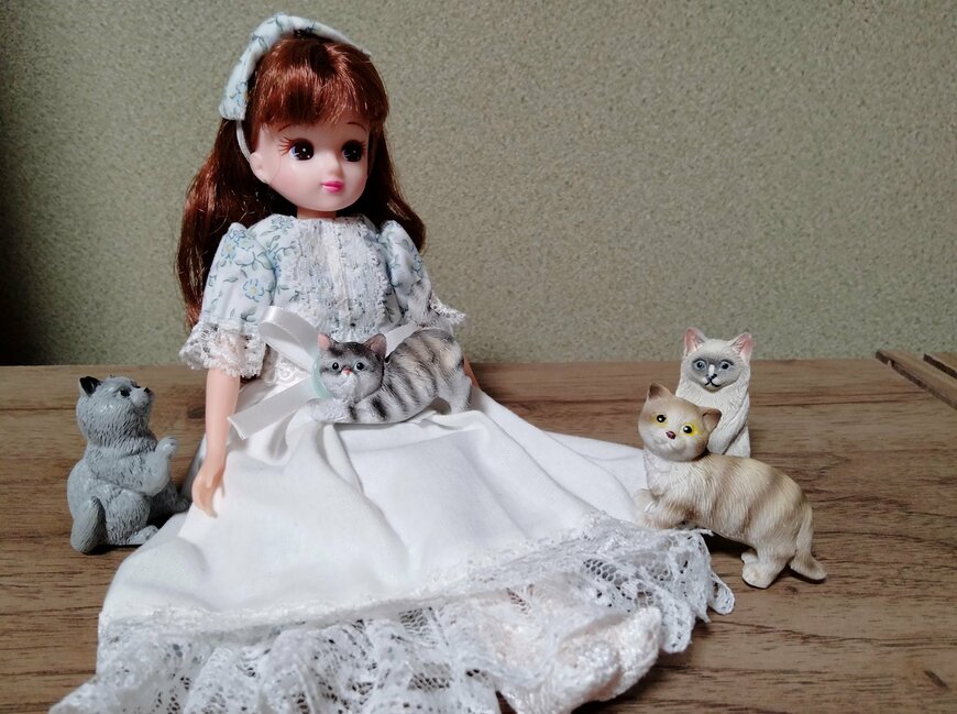 筆者撮影（ダイソー、レジン置物（左スコティッシュフォールド）（中央左アメリカンショートヘア）（中央右マンチカン）（右ラグドール）） ）