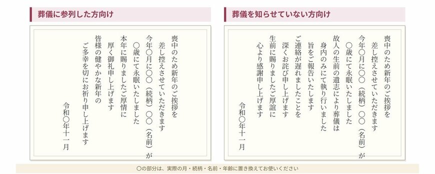 喪中はがきの文面テンプレート（葬儀に参列した方向け・知らせていない方向け）