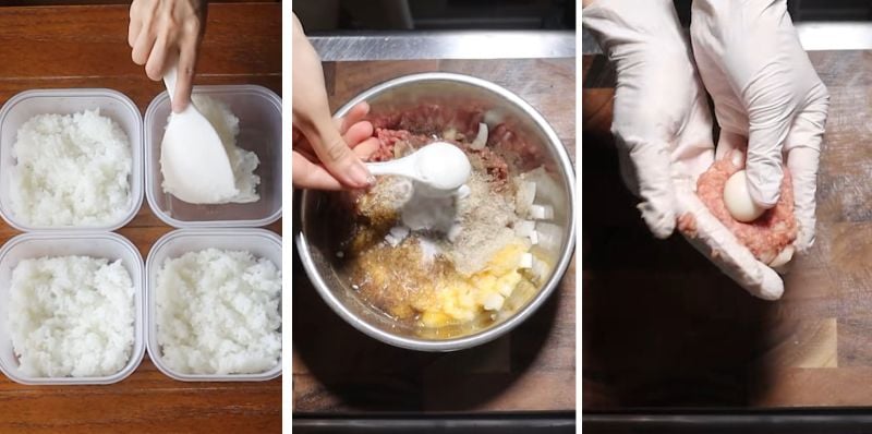 うずらの卵を肉だねで包みます