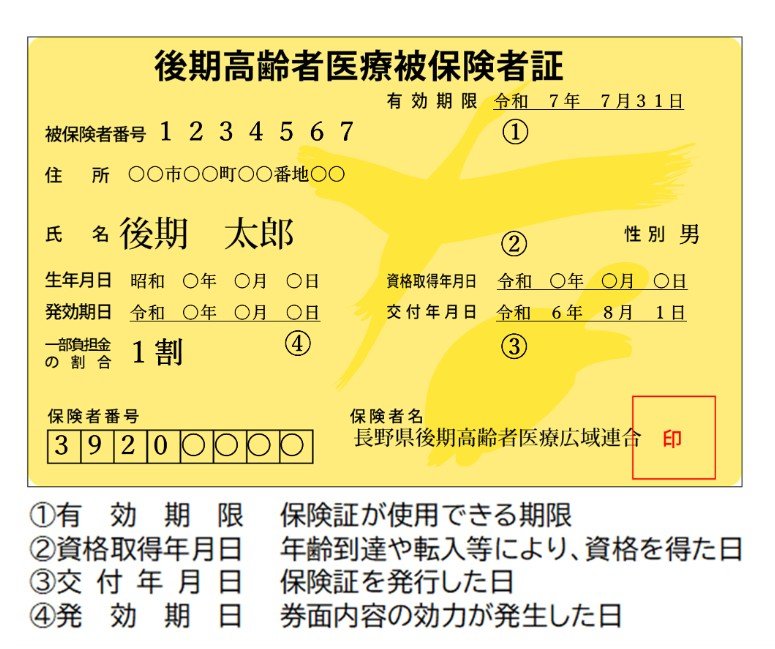 【保険証の見本】後期高齢者医療被保険者証(長野県)