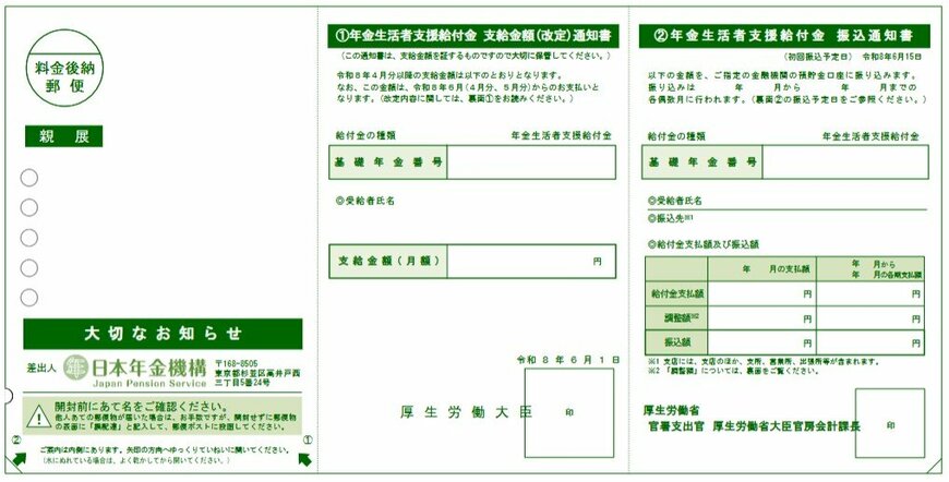 「年金生活者支援給付金　支給金額（改定）通知書」と「年金生活者支援給付金　振込通知書」（年金生活者支援給付金受給者用：はがきサイズ）