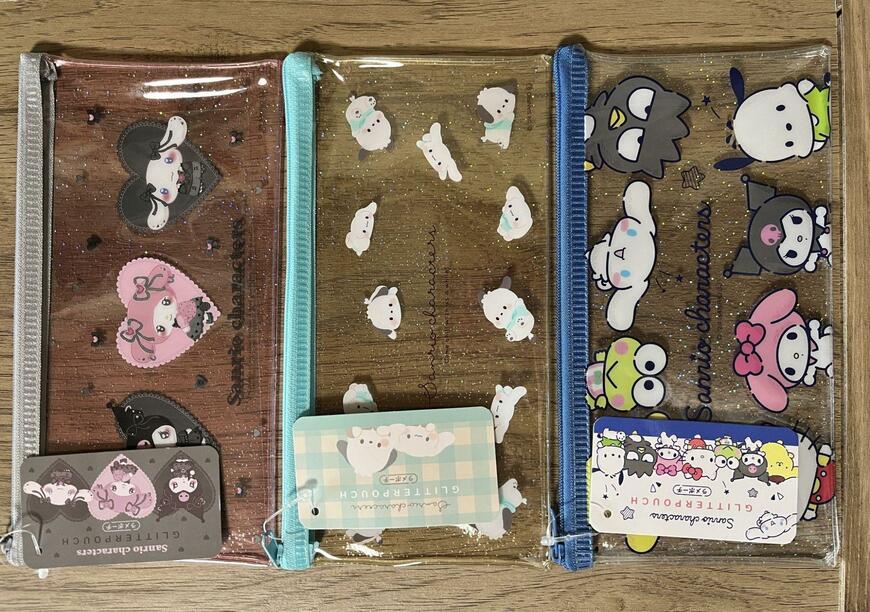 筆者撮影（ダイソー、ラメポーチM/X チルタイム・ラメポーチM/X ごっこあそび・ラメポーチM/X うるうるハート）