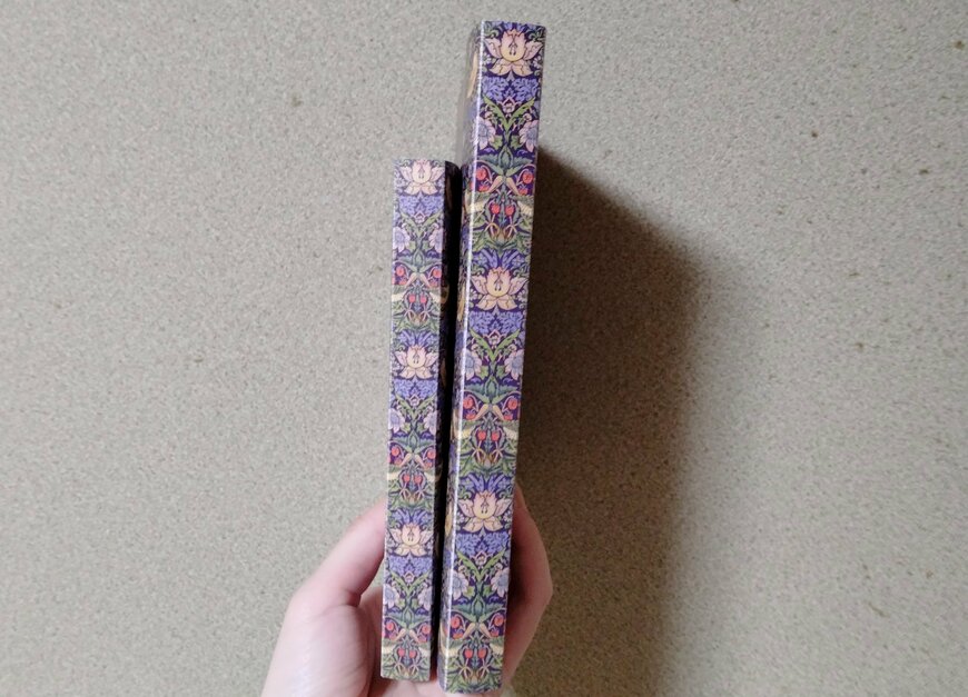 筆者撮影（セリア、ポストカードファイル黒台紙 48P ウィリアム・モリスデザイン・L判フォトアルバム2段80P ウィリアム・モリスデザイン）