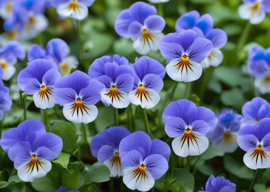 青と白の複色花を咲かせている、ビオラ