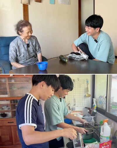 おばあちゃんとお孫さんの会話と、台所で料理をするお孫さんたち