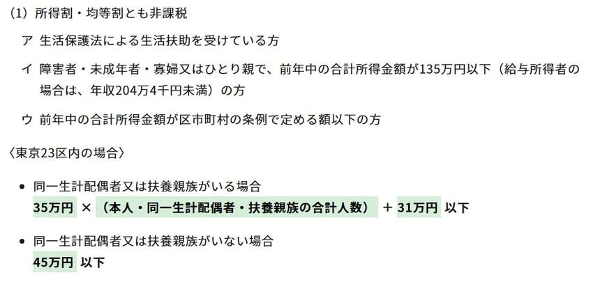 東京都における住民税非課税世帯に該当する要件