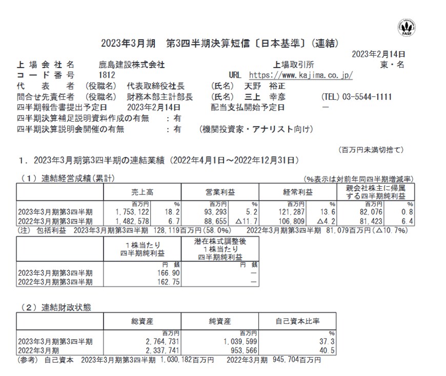 出所：鹿島建設株式会社「2023年3月期 第3四半期決算短信〔日本基準〕(連結)」