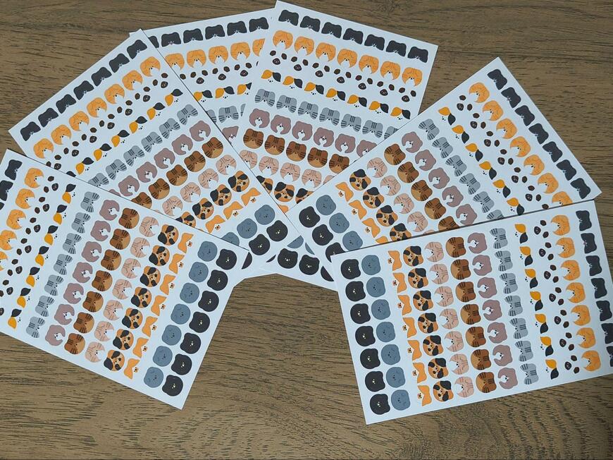 筆者撮影（セリア、SJI-33619 目印シール 504片 ゆるねこ柄）