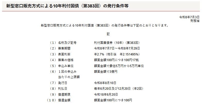 出所：財務省「新型窓口販売方式による10年利付国債（第383回）の発行条件等」