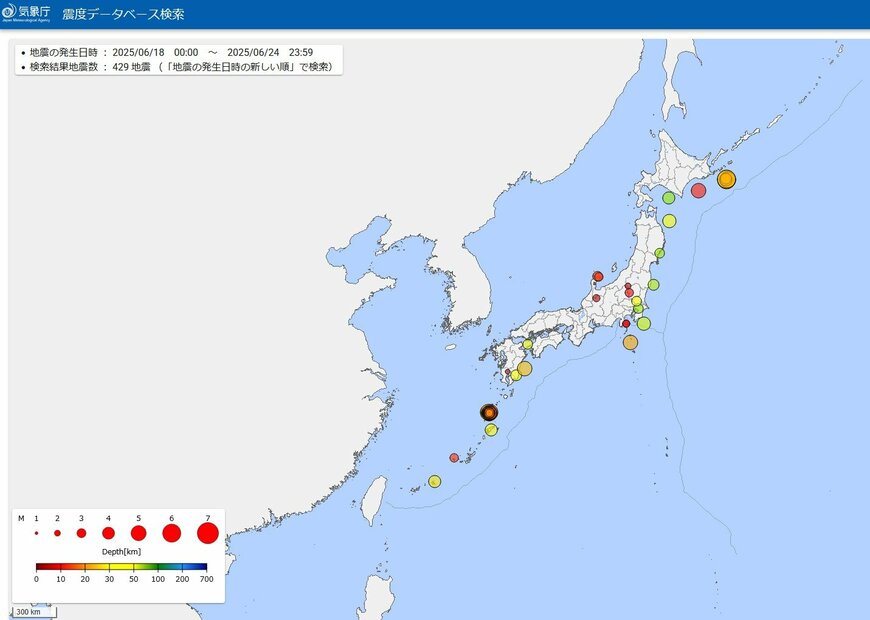 2025年6月18日～6月24日の期間で起きた国内の地震発生状況