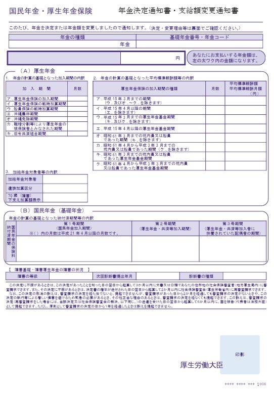 日本年金機構が送付する年金決定通知書・支給額変更通知書の見本。変更後の年金額、変更月、変更理由の記載欄を示した書類