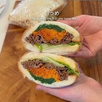 【夫弁当】手作りパンに具がたっぷり！ボリューム満点な〈ビビンバサンド〉と〈ハムカツサンド〉の断面が美味しそう！
