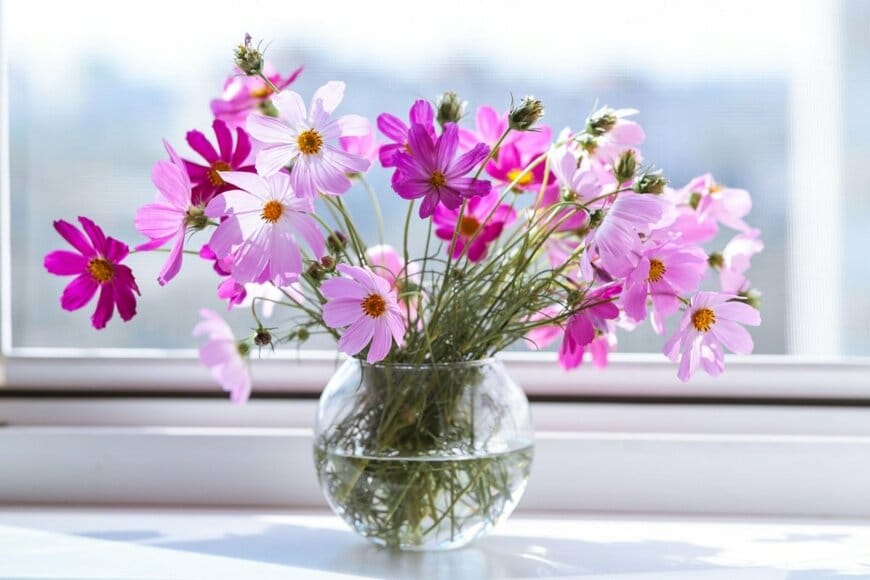 窓際にコスモスの花瓶がある。