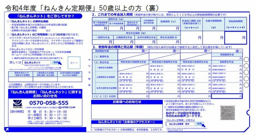 出所：日本年金機構「「ねんきん定期便」の様式（サンプル）と見方ガイド（令和4年度送付分）」