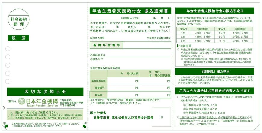 出所：日本年金機構「年金生活者支援給付金 振込通知書」