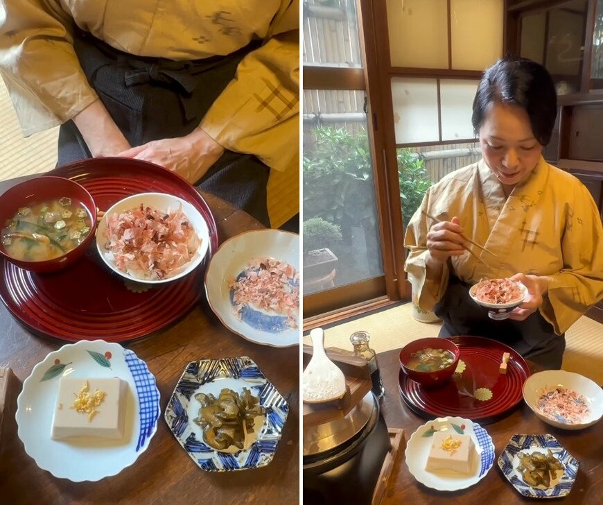 鰹節ご飯などの朝食と、食事を楽しむ様子